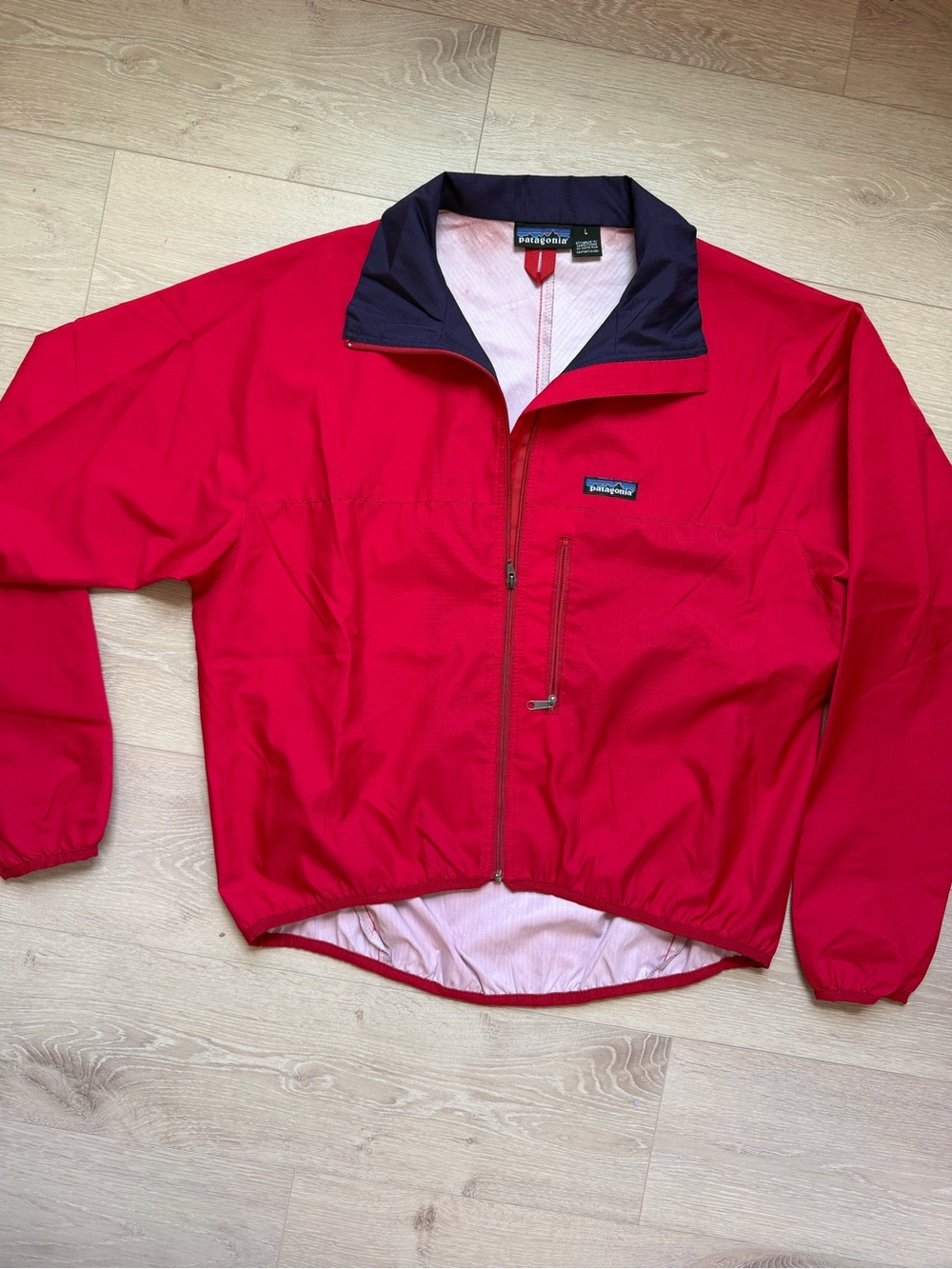 Patagonia Red Windbreaker with Navy Contrast Collar
